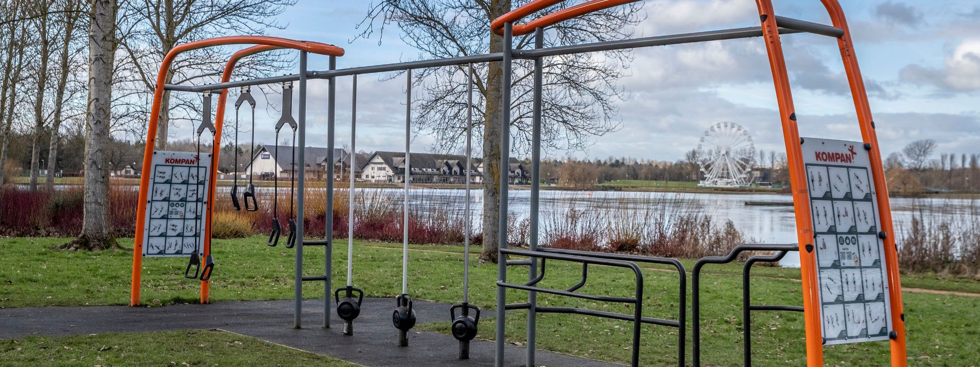 Outdoor gym equipment frame with observation wheel in the distance