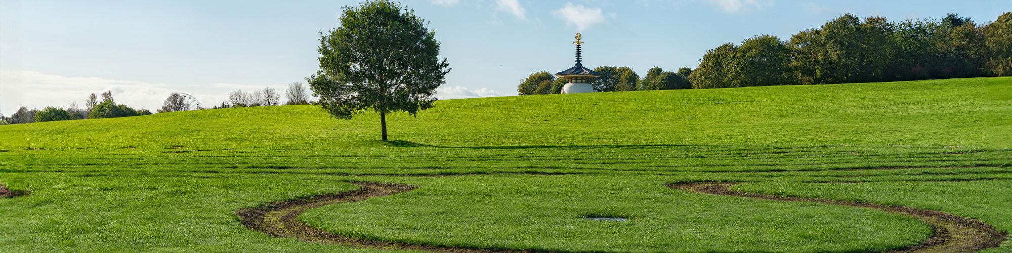 View across the Labyrinth to the Peace Pagoda at Willen Lake