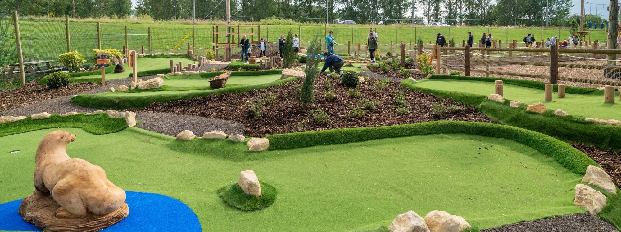 Wide shot of adventure golf course at Willen Lake