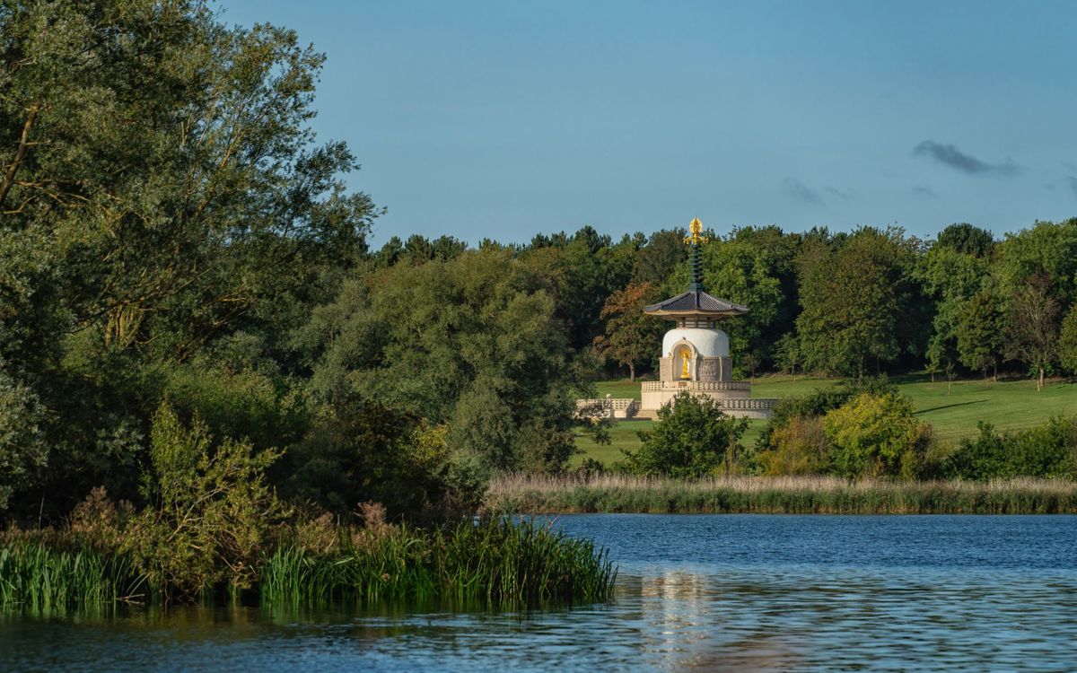 View across the lake with Peace Pagoda in Milton Keynes